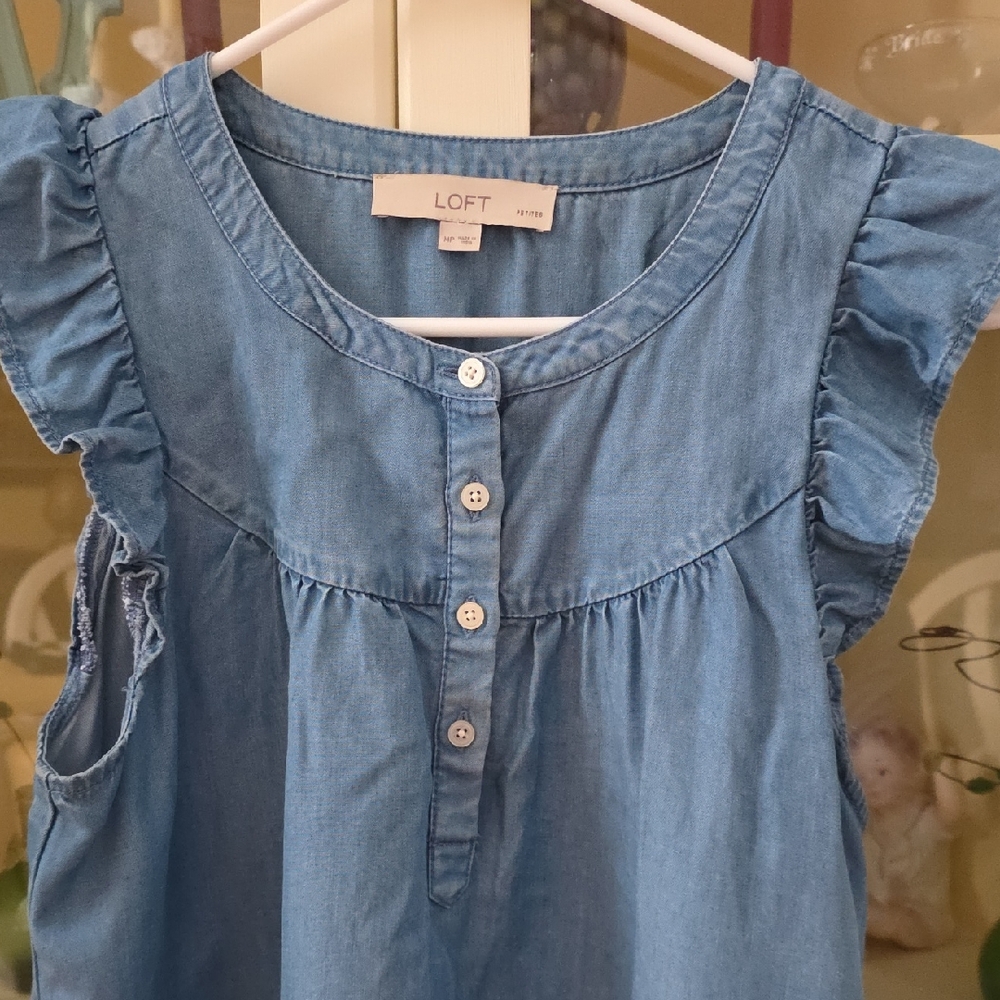 LOFT Chambray Ruffle Sleeve Top